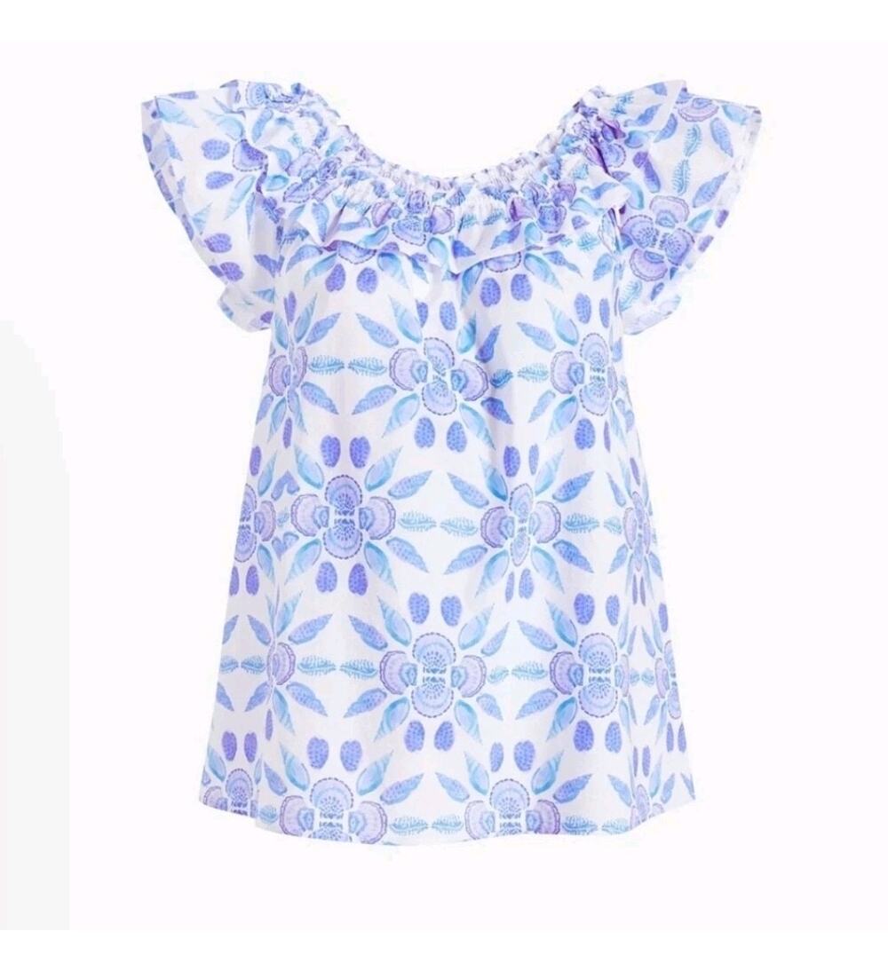 Hill House The Augustine Top Blue Shell Mosaic Cotton NWT